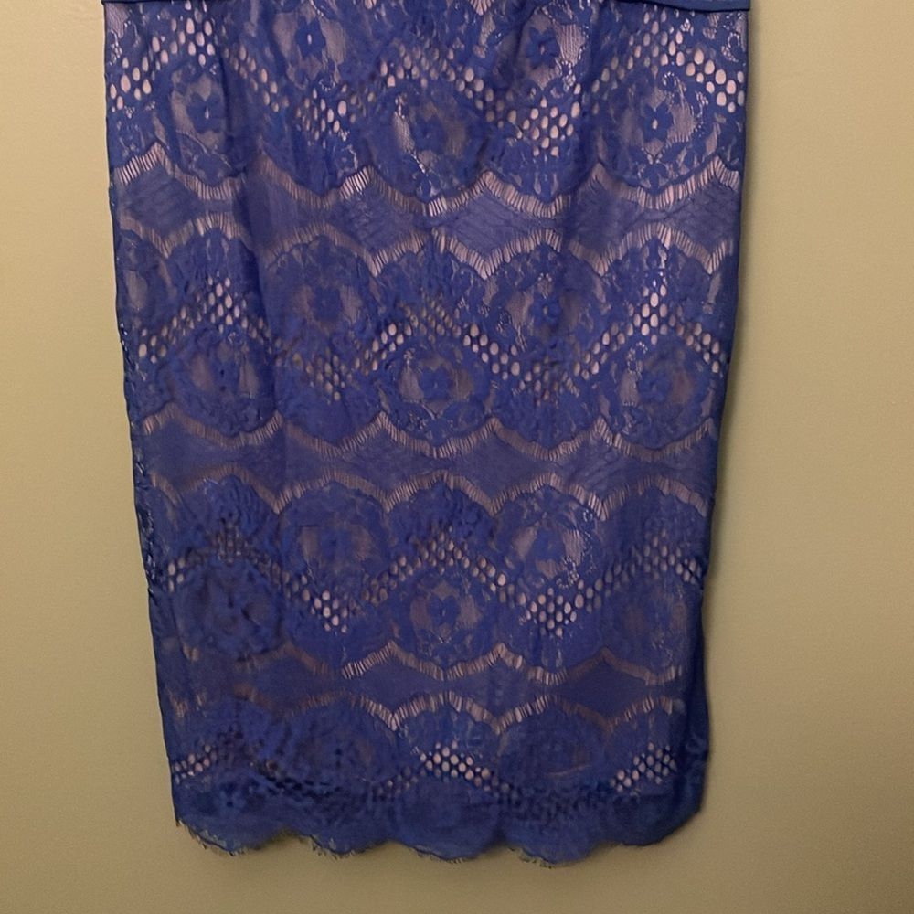 Tadashi Shoji Blue Chantilly Lace Sheath Boatneck Dress Sz 10P wedding Cocktail - Picture 6 of 9